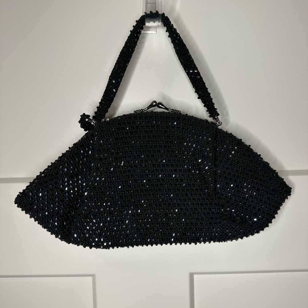 Vintage Black Beaded Evening Bag –‎ Formal Top-Handle Clutch Purse
